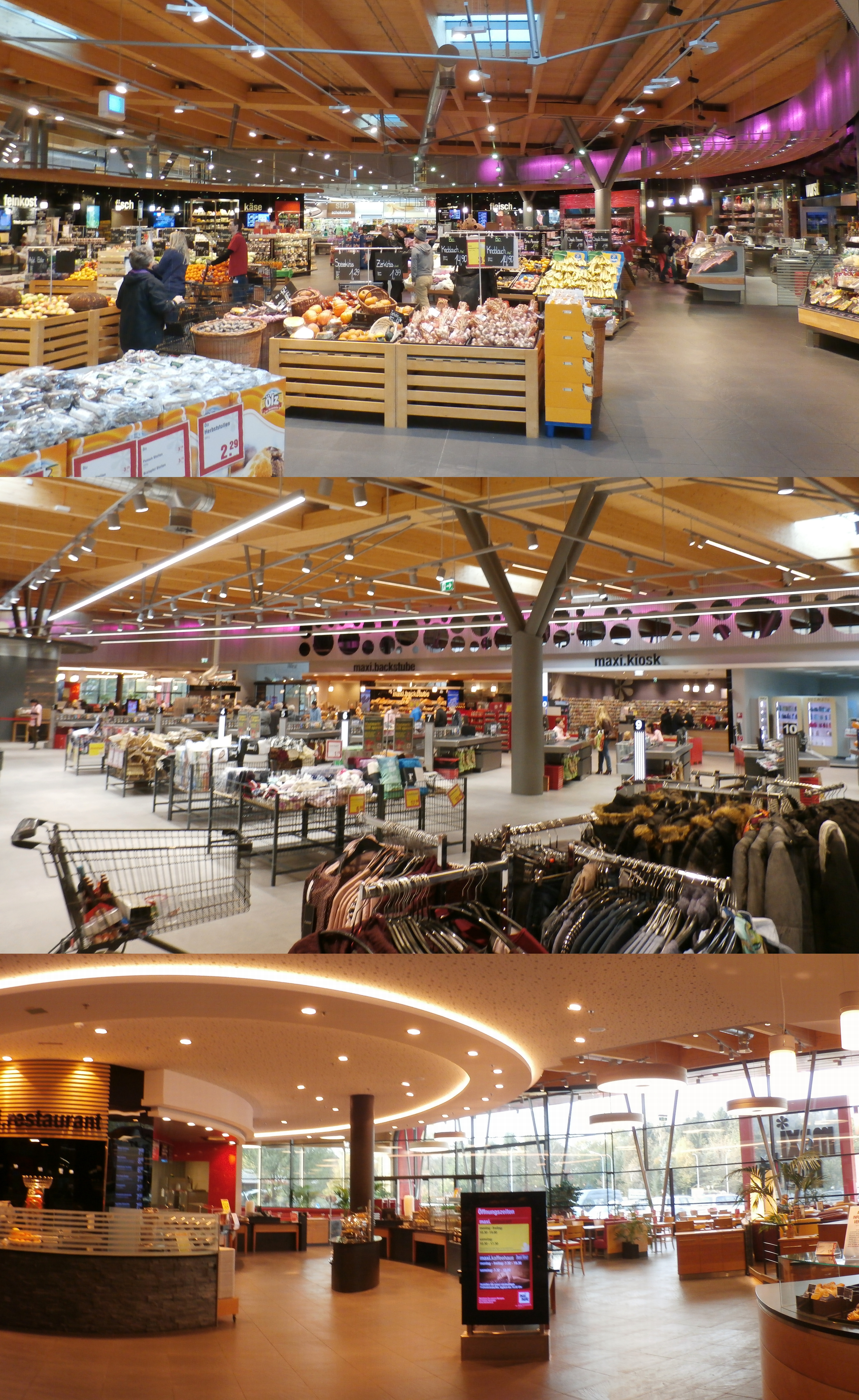 Maximarkt-Collage, Gemüse- Textil- Restaurantbereich