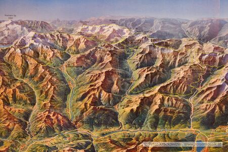 Übersichtskarte der Täler rund um das Raurisertal (Bildmitte), links das Gasteiner- und links davon das Großarltal, rechts das Fuscher Tal. Am unteren Bildrand das Salzachtal.