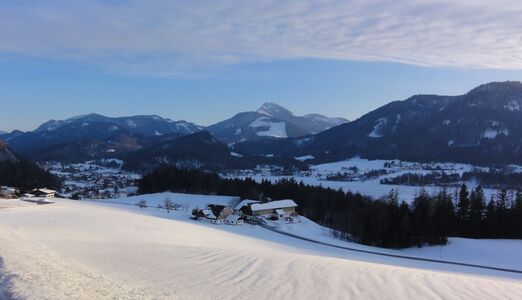 der eisbedeckte Fuschlsee, Ansicht von der Schöffbaumhöhe