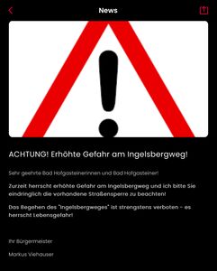 Marktgemeinde Bad Hofgastein warnt am 16.6.2024 vor einer aktuellen Gefahr im Bereich Ingelsberg.