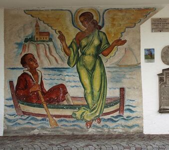 Fresko an der Pfarrkirche in Seeham "Das Leben der Menschen, eine Überfahrt über Wasser".