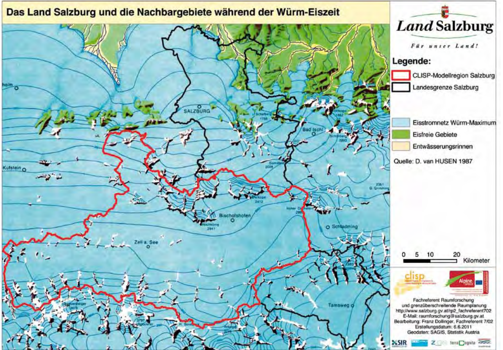 Eisstromnetzes des Würm Gletschers im Bereich des Landes Salzburg, Quelle: Dollinger et al 2011, Karte 4