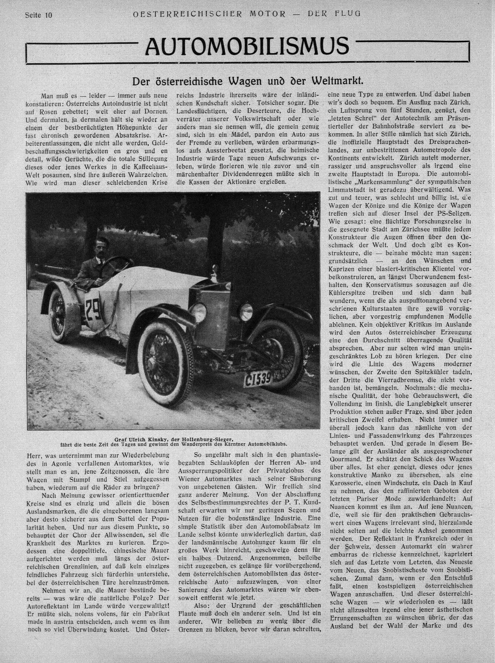 Ulrich Ferdinand Fürst Kinsky, der Hollenburg-Sieger 1924 fährt die beste Zeit des Tages und gewinnt den Wanderpreis des Kärntner Automobilclubs.
