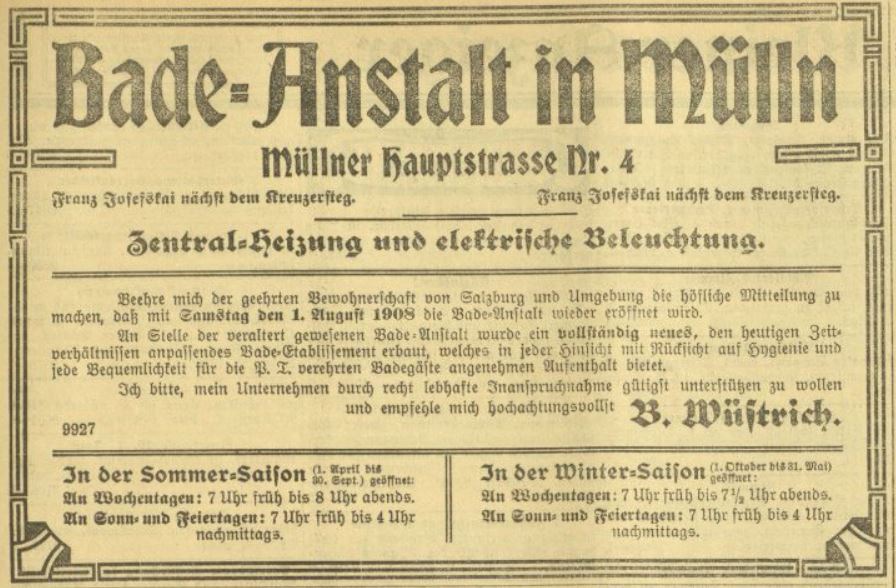 Badeanstalt Wüstrich Mülln, Zeitungsinserat 1908
